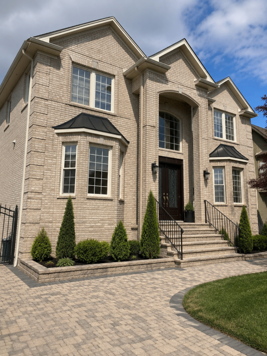 Curved paver walkway leading to a front entrance in Queens