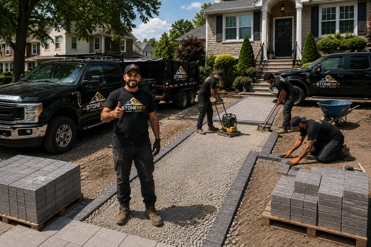 StoneSky crew installing a paver walkway at a Queens home