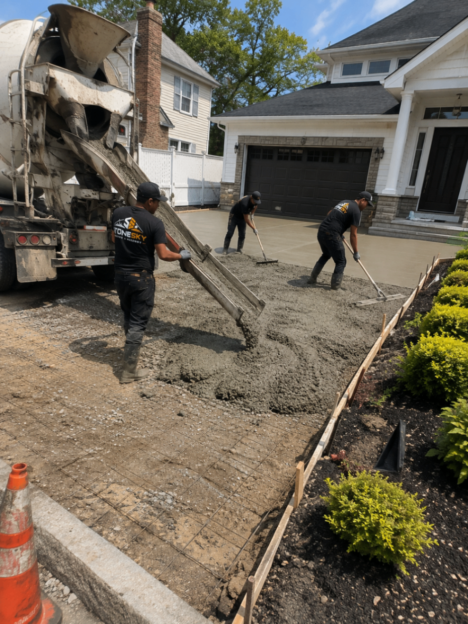 New concrete sidewalk section replacing a cracked slab in Queens