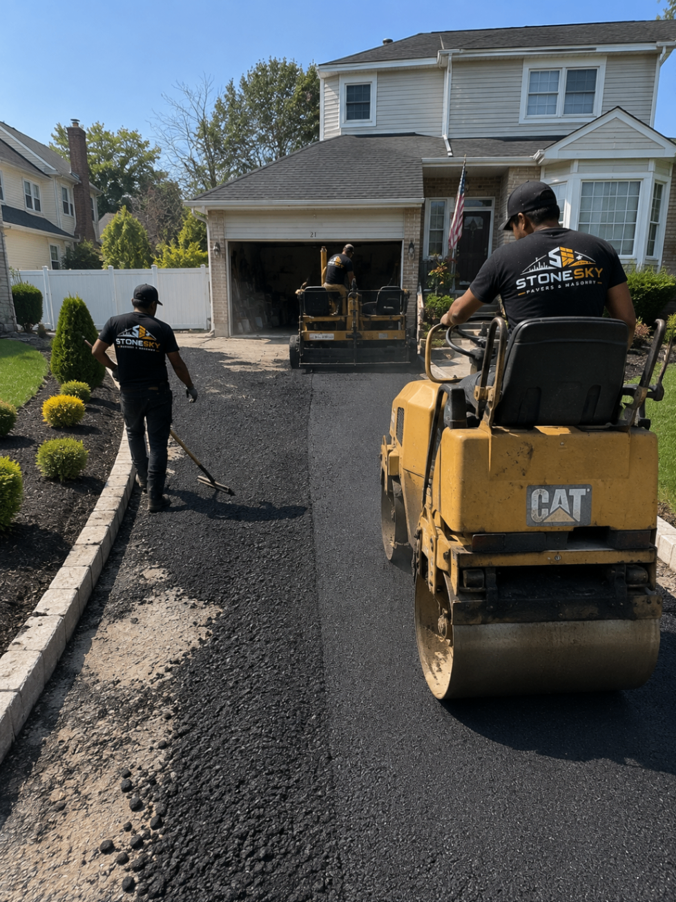 Sunken paver section being lifted and reset by a StoneSky crew in Queens