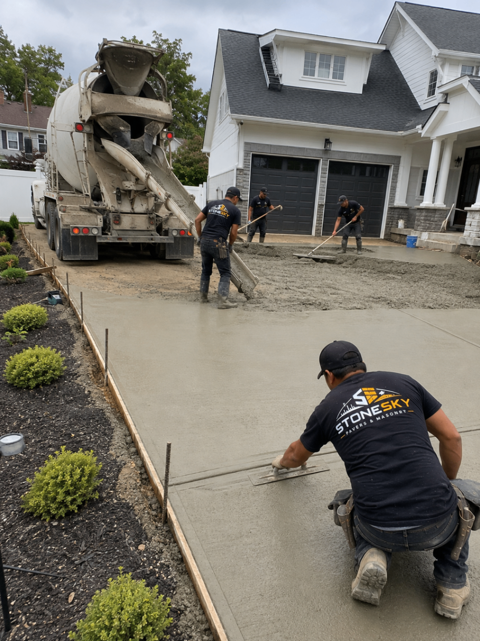 Freshly poured concrete driveway at a Queens home
