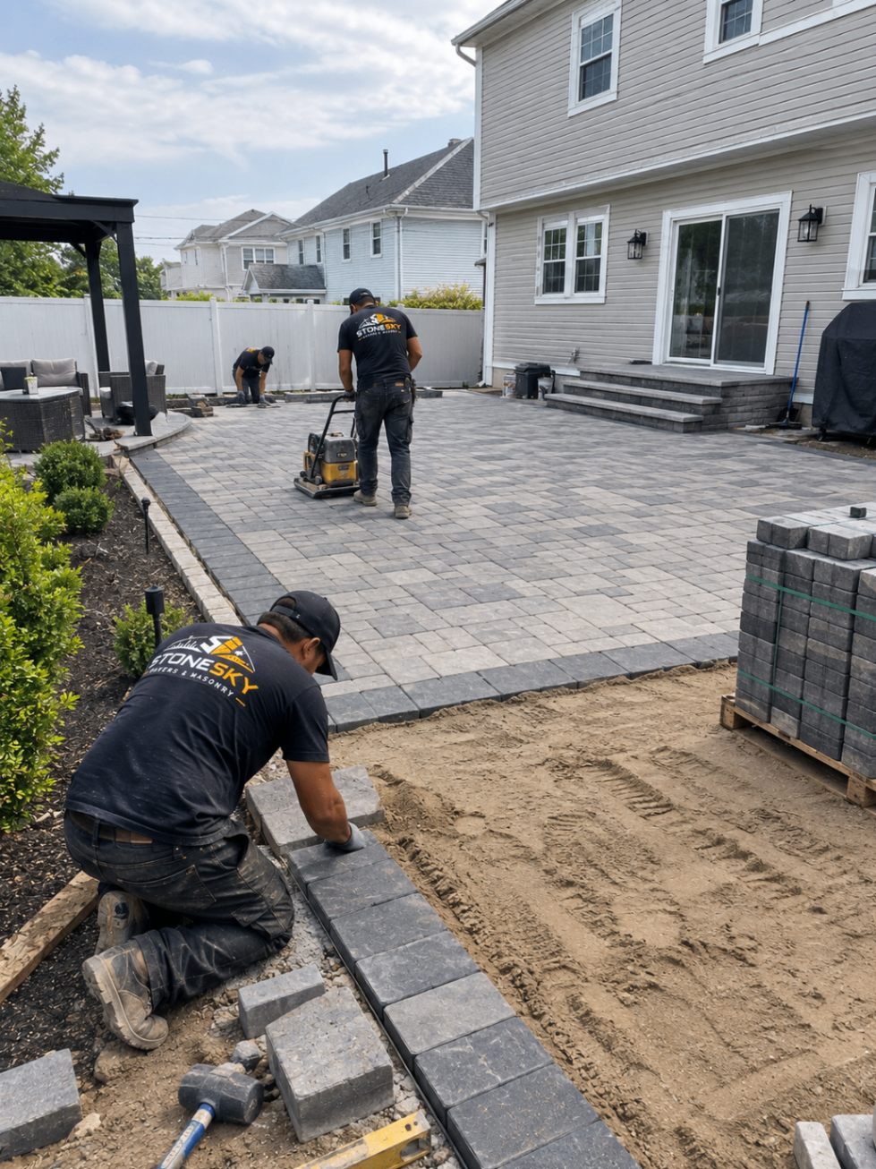 Large-format paver patio with outdoor seating on Long Island