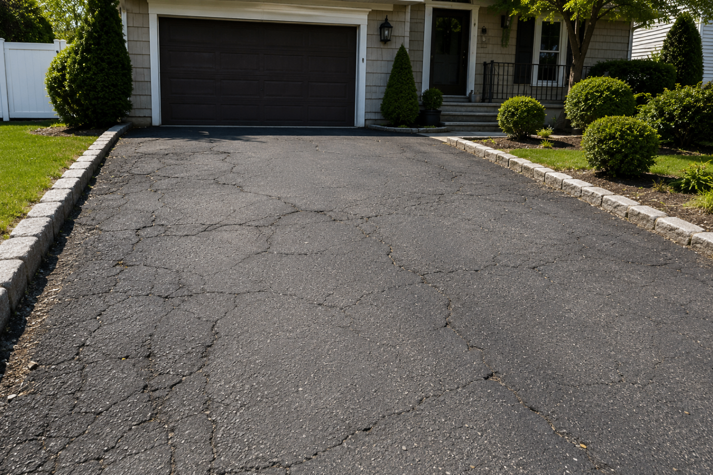 Cracked asphalt driveway before StoneSky paver installation in Bayside, Queens