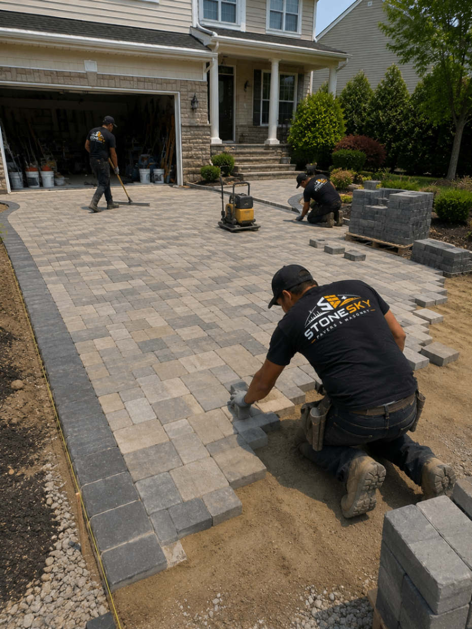 Interlocking paver driveway with contrasting border at a Queens home