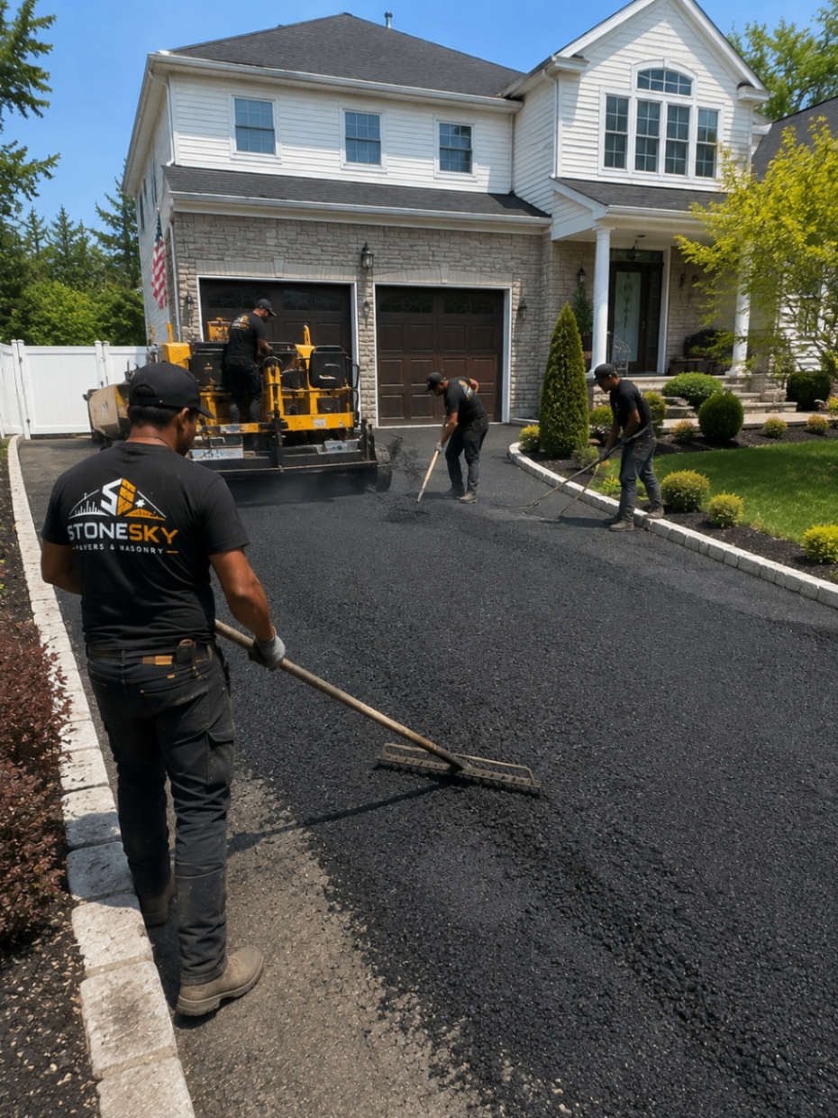 Sunken paver driveway section before StoneSky base repair in Queens