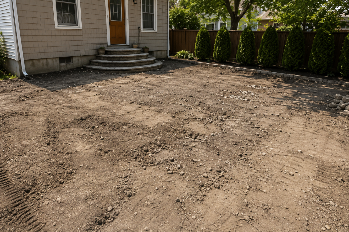 Worn lawn and dirt backyard before paver patio installation in Garden City