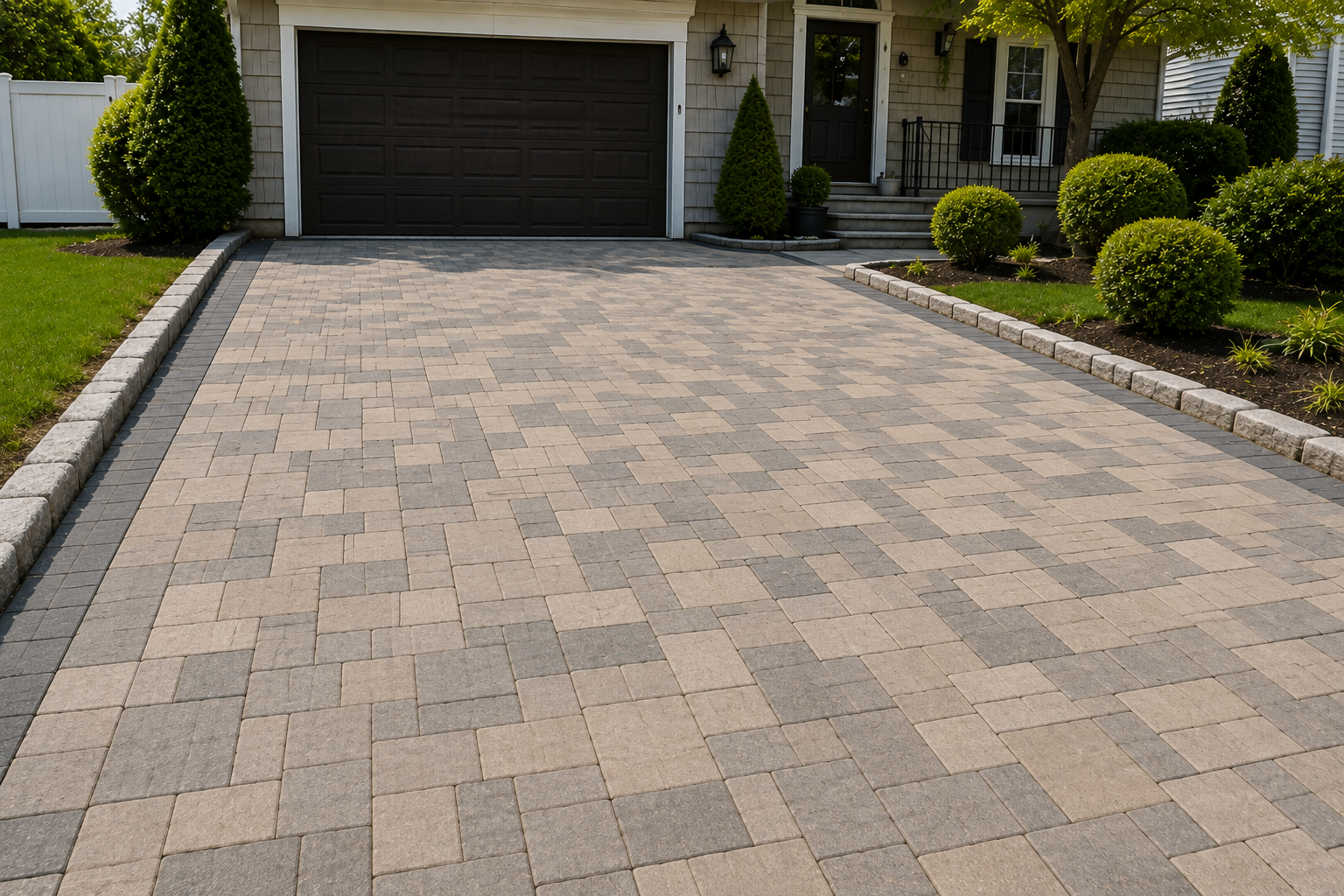 Finished interlocking paver driveway with charcoal border in Bayside, Queens