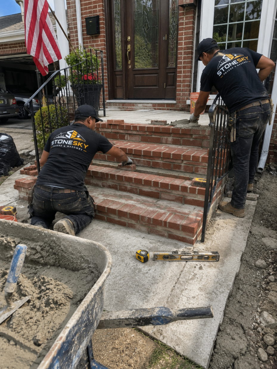 Paver front entrance with landing and stone steps on Long Island