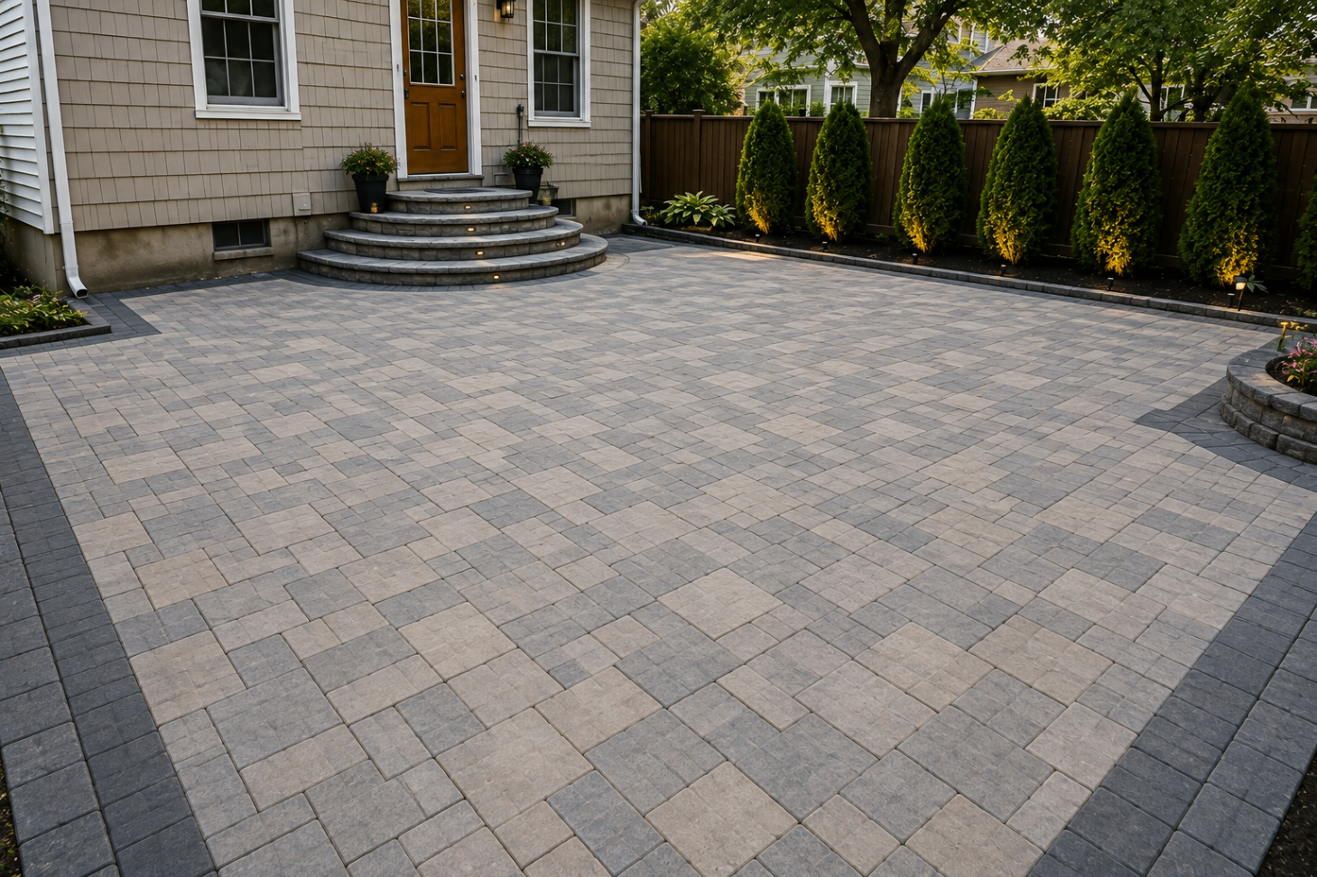 Completed large-format paver patio with seating area in Garden City, Long Island