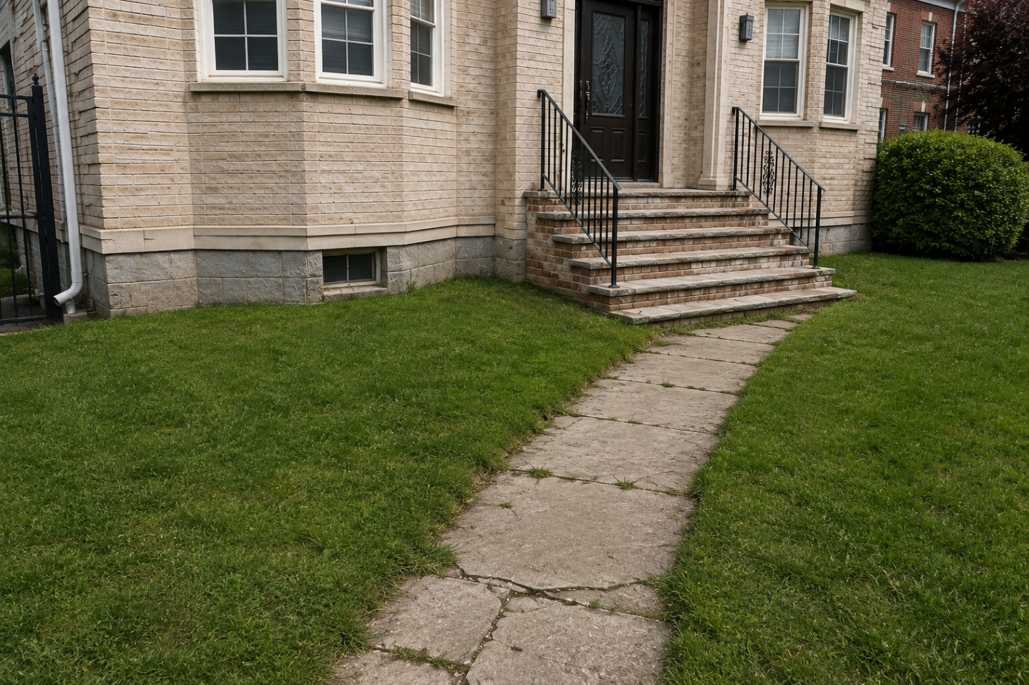 Sunken, uneven front walkway and stoop before rebuild in Whitestone, Queens